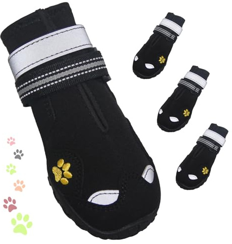 FISHOAKY Dog Shoes for Large Dogs, 360°Anti Slip Medium Dog Boots & Paw Protectors Winter Snowy, Waterproof 4Pcs Dog Booties with Reflective Strips (Size 2: 1.77''x2.3''(W*L), Black)