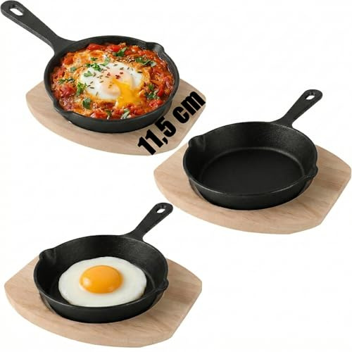 SHUESS Juego de 3 mini sartenes de hierro fundido con base de madera, 14 cm de hierro fundido, sartenes pequeñas, para cocina, horno, barbacoa, interior y exterior
