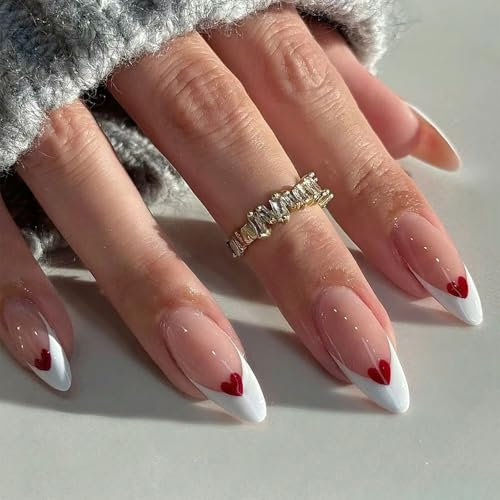 Kabwea, Unghie artificiali press-on, bianche, french, con adesivi in colla gel e lima per unghie, per San Valentino, set da 24