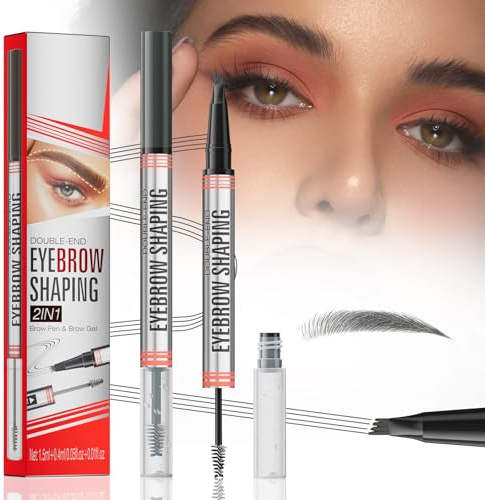 Eyebrow Pencil with Eyebrow Gel, 2-in-1 Microblading Eyebrow Pen with 4 Fork Tip, Long Lasting Eye Brow Pen Waterproof & Smudgeproof for Fuller Real-looking Brows (grey)