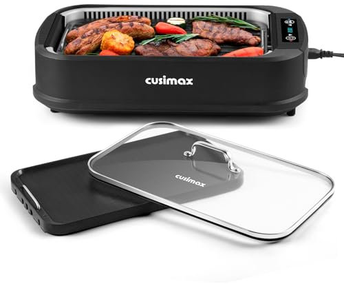 CUSIMAX Electric Grill, Smokeless Indoor Grill & Griddle, 1500W, with LED Smart Display & Tempered Glass Lid, Adjustable Temperature, Non-stick, Black