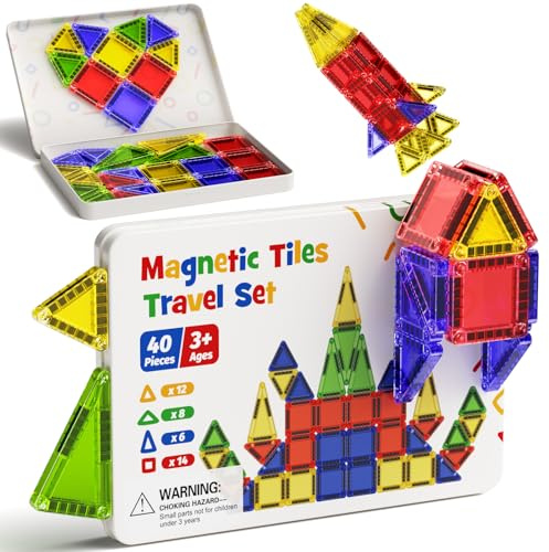 Kit de construction de tuiles magnétiques Jouet de voyage pour enfants Portable Mini carrelage magnétique Jouet Montessori - Cadeau pour les tout-petits de 3 ans et plus (40pcs magnétiques tuiles)