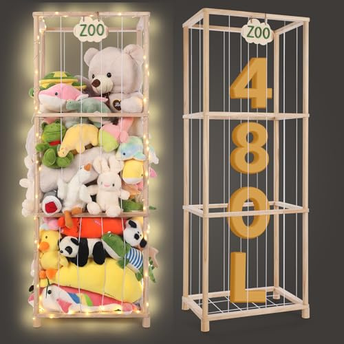 SENNOR Extra-Large Wooden Stuffed Animal Storage Zoo - 64 H x 24 L x 16 W, Premium Pine Construction with 10m Fairy Light String – Perfect for Playrooms and Nurseries