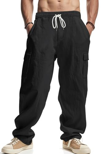 PADOLA Pantalon Lin Homme avec 4 Poches Taille Elastique Décontracté Pantalons de Travail Léger été Cargo de Plage Fluide Pantalon Yoga Cordon de Serrage Uni Baggy Grande Taille (2 Noir, XXL)