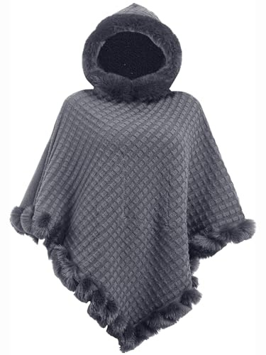 crazy bean Poncho Femme D'hiver Élégant Châle Femme Chaud Poncho Cape à Capuche Tricoté Écharpe Châle pour Hiver Automne Gris