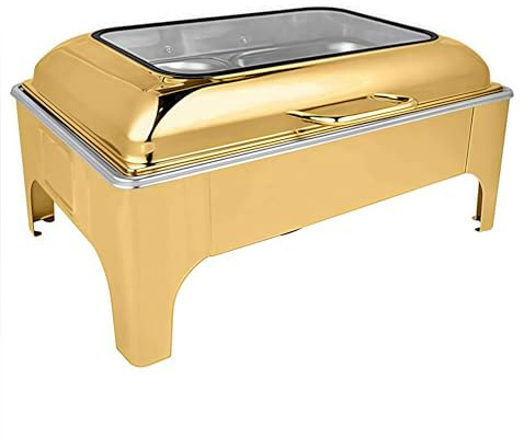 CQIKRWGWS Scaldavivande con Coperchio in Vetro Idraulico, fornello a Buffet - Fornello Quadrato riscaldante in Acciaio Inossidabile Dorato da 9 Litri, per Hotel, ristoranti e Feste