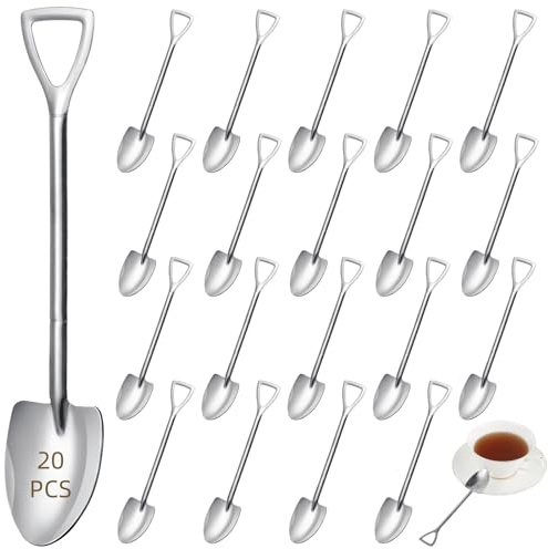 yeeplant Juego de 20 mini cucharas con forma de pala, 6 x 1.3 pulgadas, acero inoxidable pulido, espresso, helado y cucharas de postre