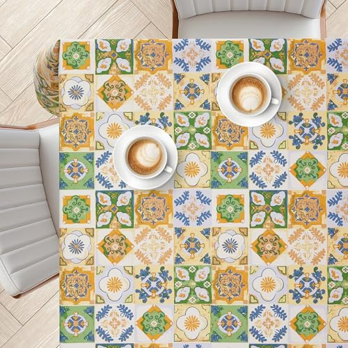 KP HOME Tovaglia Plastificata Quadrata 140x140 cm - Cerata Tovaglia PVC Antimacchia con Tocco Morbido, Impermeabile e Facile da Pulire, Motivo Vintage Mediterraneo a Piastrelle Colorate per Giardino