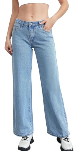 Jean large pour femme, taille basse, coupe droite, coupe ample, confortable, pantalon en jean court décontracté avec poches, bleu, S