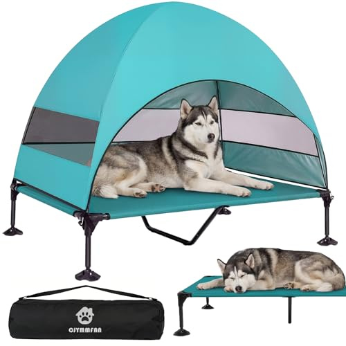 Elevated Dog Bed with UV-Proof Canopy, Outdoor Dog Tent with Powerful Adjustable Feet, Portable Pet Cot with Wider Shade, Raised Cooling Bed for Camping, Patio, Beach, Poolside