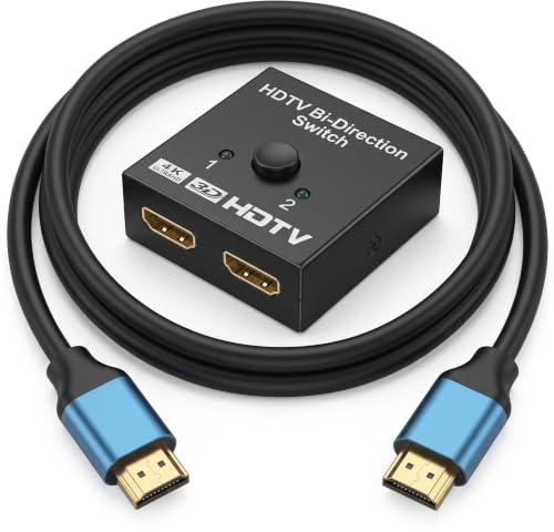 QGECEN Dubbelriktad HDMI-omkopplare med 1 m kabel, 2 portar HDMI-omkopplare 2 i 1 ut/1 i 2 utgång, manuell HDMI-väljare, 4K 30Hz metall HDMI-splitterbrytare, kompatibel med Sky Q, PS4, Xbox, Fire