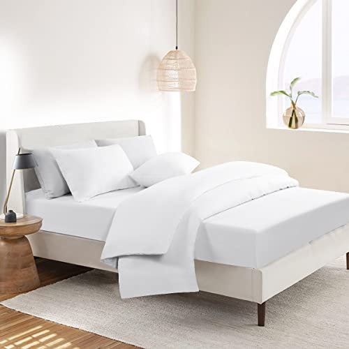 RUIKASI Bedding Double Bed Sets - 4 Piece Bedding Set Double Bed, Deep Pocket Fitted Sheet and Duvet Cover with Pillow cases, Soft Microfiber Duvet Set with Zipper, White