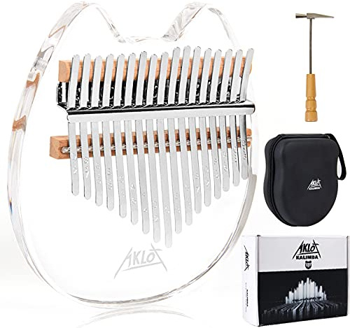 Kalimba Thumb Piano, AKLOT 17 Keys Transparent Acrylic Cat Note Carved Starter Finger Piano with Kalimba Case Tune Hammer Study Booklet Stickers