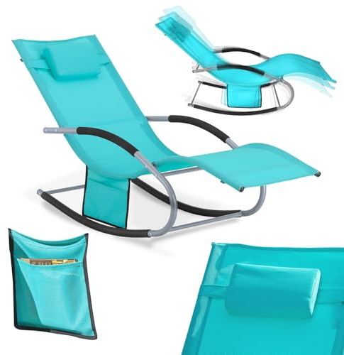 SoBuy Lettino Sdraio da Giardino a Dondolo - Sedia a Dondolo da Esterno in Textilene Azzurro con Telaio in Metallo, 150x63x87cm, Lettino Prendisole per Terrazza, Piscina, Patio, OGS28-HB