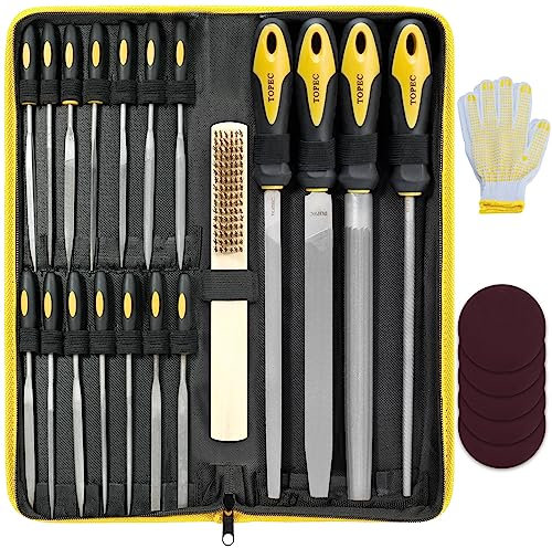 Topec 26 Pcs Metal File Set, Wood Files Tools for Steel, Rasp & Needle Files Set, Metal File in Flat, Half, Round & Triangle with Zipper Bag, Ideal Hand Tool for Crafts, Metal, Woodworking
