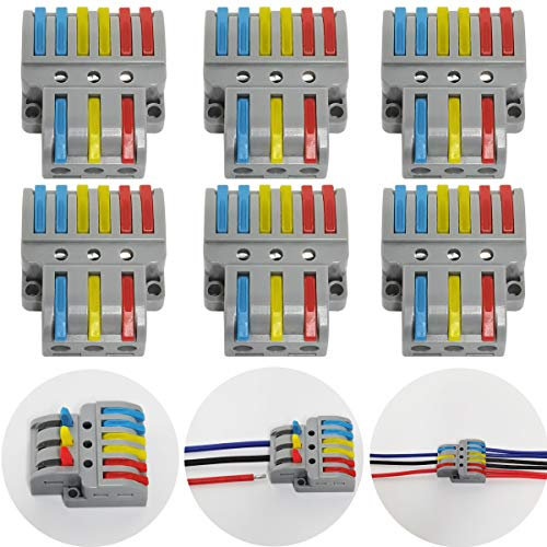 Bornes de Connexion, CTRICALVER 6 Pcs Connecteur électrique avec levier de fonctionnement, Compact Borne de connexion électrique Automatique, 3 in 6 out, Avec vis de montage