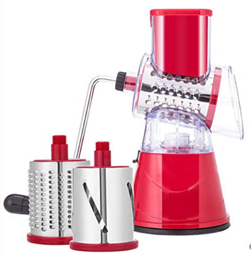 Grattugia per formaggio con manico in metallo rotante per affettatrice per formaggio a mandolina tritacarne con 3 lame rotonde (rosso)