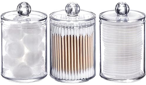Tbestmax 3 Pack Small Cotton Swab Ball Pad Holder, 10 Oz Qtip Apothecary Jar Clear Makeup Organizer, Bathroom Containers Dispenser