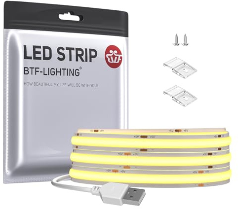 BTF-LIGHTING COB USB LED Strip 2m 320LEDs/m Natural White Without Dimmer | FCOB 4000K DC5V RA>90 Flexible High Density for TV PC Backlight Bedroom DIY Interior Decoration