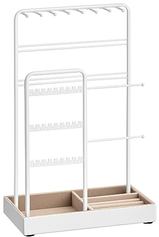 SONGMICS Jewelry Holder, Jewelry Organizer, Jewelry Display Stand with Metal Frame, Velvet Tray, Necklace Earring Bracelet Holder, for Studs, Rings, Gift Idea, Matte White UJJS021W01