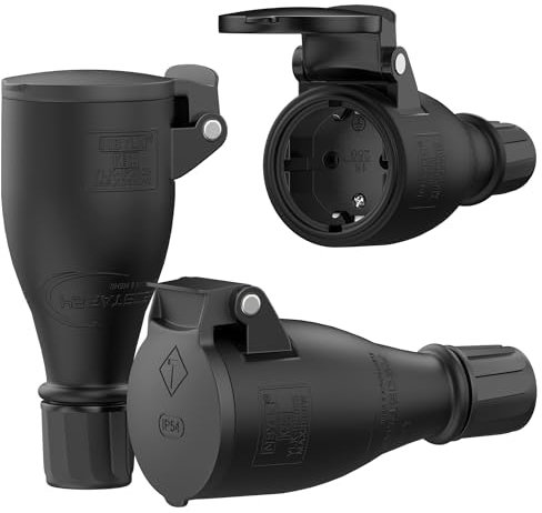 Schuko Kupplung 230V IP54-3er Set Robuste Steckdosen, 3-Polig, aus Gummi & Kunststoff, Schwarz | Automatische Federabdeckung, Einhandbedienung | Ideal für Gewerbe/Baustelle & Outdoor Anwendungen