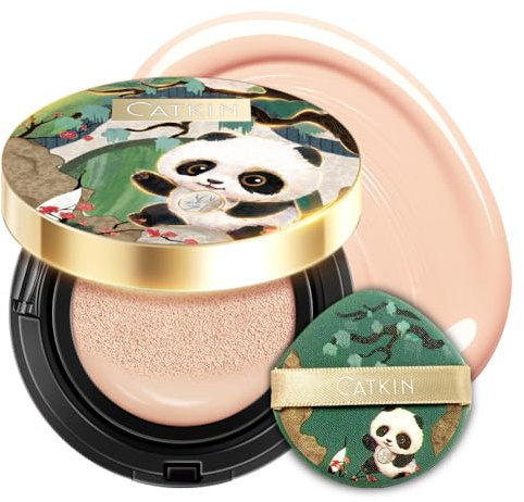 CATKIN Panda Land Fondotinta in Polvere Compatto Copertura Completa, Formula Nutriente e Tenuta 24H,con Acido ialuronico, Per Pelli Sensibili, Finish Satin,15g*2 (C02 LIGHT BEIGE)