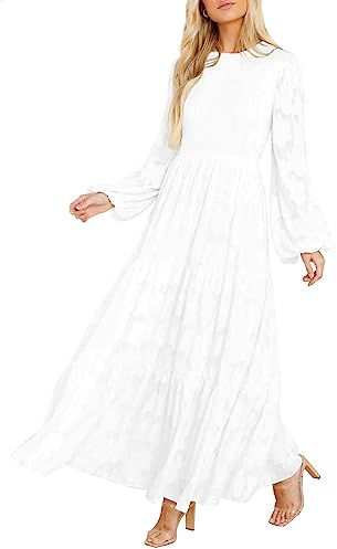 MITILLY Women's Elegant Floral Long Sleeve Round Neck Smocked A-Line Flowy Tiered Maxi Dresses with Pockets X-Large White
