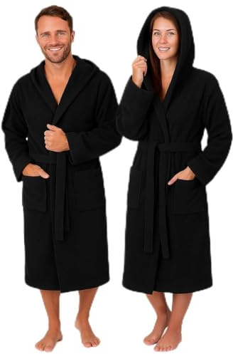 Betz Baumwolle Bademantel mit Kapuze für Herren und Damen - Saunabademantel - langer Bademantel - Saunamantel - Farbe schwarz - Größe L/XL - FULDA