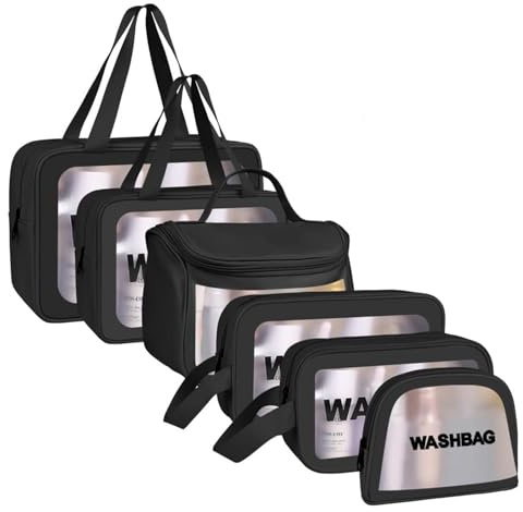 Aucuu 7PCS Neceser Transparente, Bolsa de Cosméticos Impermeable con Cremallera, Bolsas de Aseo para Baño, Viaje, Vuelo - Negro