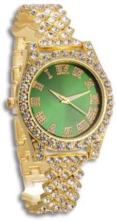Genkigold Diamantklocka för barn - 37 mm rund urtavla med romerska siffror i 3 färger - 18K guldpläterad/platinumband 20 cm - inklusive presentförpackning, kompatibel med kubansk kedja som tillval
