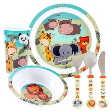 Animal Kids 6 Piece Reusable Dinner Set - Plate/Bowl/Cup/Knife/Fork/Spoon - Childrens Dinnerware Tableware Cutlery Set