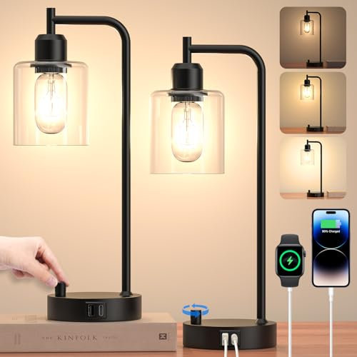 AmazeFun Dimmbare Nachttischlampe 2er Set - Tischlampe mit Ladefunktion USB A+C-Anschlüssen Steckdosen 2 LED Birnen,Glas-Lampenschirm,Kleine Lampe für Schlafzimmer, Wohnzimmer,Esszimmer und Büros