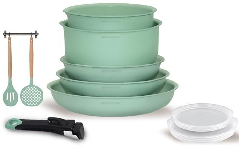 Arthur Martin, AMV57, Batterie de cuisine 10 pièces en aluminium avec revêtement adhérent, poêles 20-22-26 cm, casseroles 16-18 cm, couvercle hermétique, 2 ustensiles, Vert