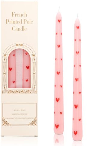 Dinner Candles, 25cm Taper Prints Decorative Household Candles, Burning Time of 6 Hours Non Drip Long Non Scented Afternoon Tea Candlesticks Table Home Party Decor (Pink Heart)