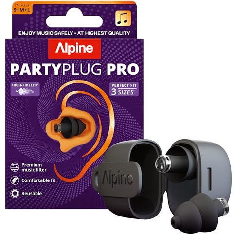 Alpine PartyPlug Pro Tappi Orecchie Concerti, Hi-Fi Protezione Uditiva Professionale 21dB - Qualità Premium per Festival, Musica & Discoteca, Audio Alta Fedeltà, 3 Misure (S/M/L), Nero