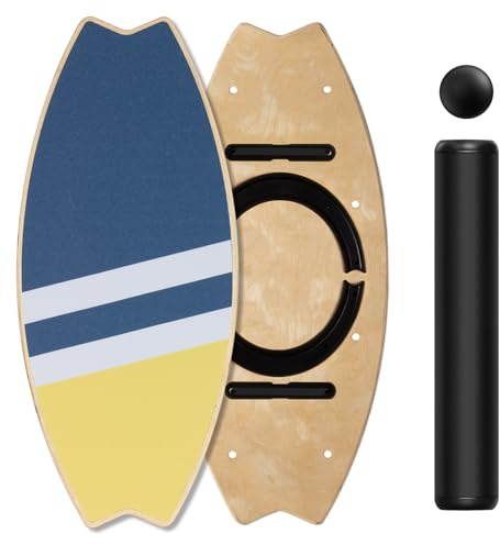 Leogreen Balance Board, 7 modalità, tavola oscillante per interni, Indoor Surfboard, Balance Board in legno per Skateboard, Tavola di equilibrio in legno con tappi regolabili, giallo blu