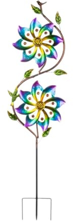 Ronyme Escultura Viento con Doble Flor, Hierro Giratorio Multicolor, fácil Instalar, 9,8 x 43 Pulgadas, decoración jardín
