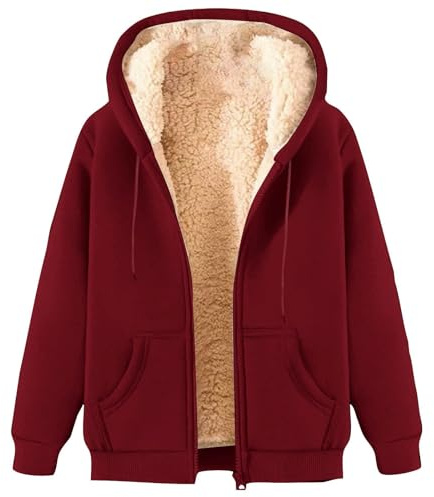 ZWDC Damen Winterjacke Warm Fleecejacke Winter Sweatjacke mit Kapuze Elegant Einfarbig Übergangsjacke Große Größen Kapuzenpullover mit Taschen Lässige Wintermantel mit ReißVerschluss Plüschjacke