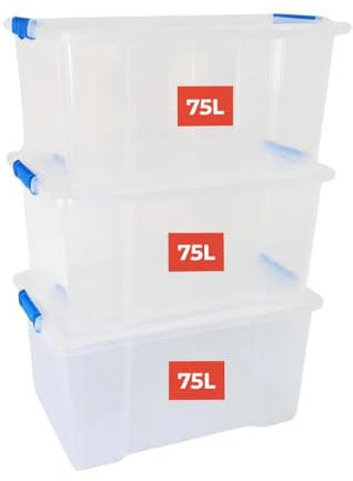 Marco Paul 3 x 75L Extra Large Storage Boxes with Clip Lock Lid - Heavy-Duty Large & Secure Stackable Clear Plastic Storage Boxes with Lids - XL Containers for Home Storage, Garage, Moving & Kitchen