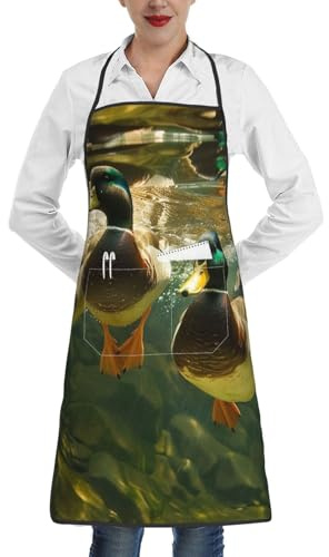 JKSEEPYN Tablier de cuisine imperméable avec poches Motif canard pour homme et femme, Canard nageant sous l'eau, taille unique