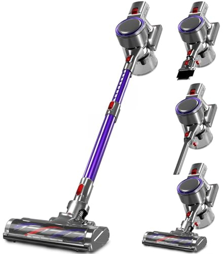 Authmic Akku Staubsauger Kabellos, 45000Pa Kabelloser Staubsauger mit Touchscreen, 50Mins, 1.6L, H13 HEPA, Anti-Tangle-Bürste, für Hartböden/Teppich/Tierhaare, Lila