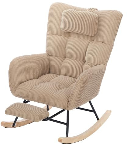 Vutizal Mecedora marrón de pana con respaldo alto y reposapiés oculto, cojín para el cuello, carga máxima: 100 kg, sillón relajante para el salón, también se puede utilizar como