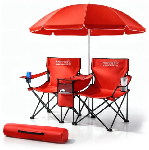 RMF PRO Set con Sombrilla y 2 Sillas de Exterior Ideal para Mar o Camping, con Bolsa Térmica Central y Portabebidas - Ideal también para Pesca, Estructura de Acero con Funda de Transporte Rojo