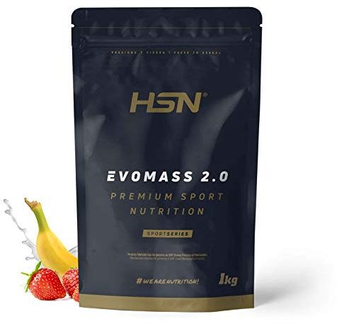Batido de Carbohidratos y Proteínas Vegetariano de HSN Evomass 2.0 | Sabor Fresa Banana 1 Kg = 10 Tomas por Envase | Whey Protein y Proteína de Leche | Textura Cremosa | No-GMO, Sin Gluten