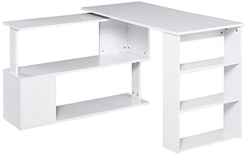 HOMCOM Escritorio Esquinero Giratorio Escritorio en L con Estantería Mesa de Escritorio con Estantes para Oficina Estudio 120x110x74,5 cm Blanco