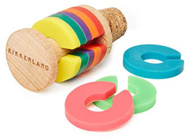 Kikkerland Regenbogen-Weinringe & Stopfen – Mehrfarbige Getränkemarker mit Korkverschluss – 9 Stück