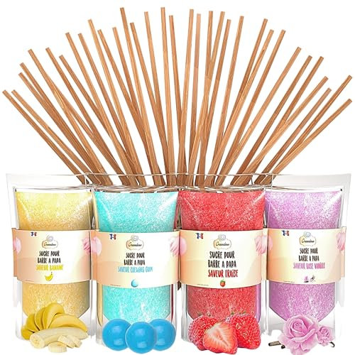 GREENDOSO® Zuckerwatte Zucker für Zuckerwattemaschine (4x320 g) - 4 Sorten (Erdbeere/Kaugummi/Banane/Vanille) + 50 Stäbchen