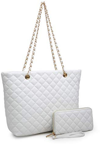 XB Tragetaschen- und Handtaschen-Set für Damen, Leder, gesteppt, Schultertasche, Handgelenk, Geldbörse, Reißverschluss, 2-teiliges Geldbörsen-Set, weiß, Medium