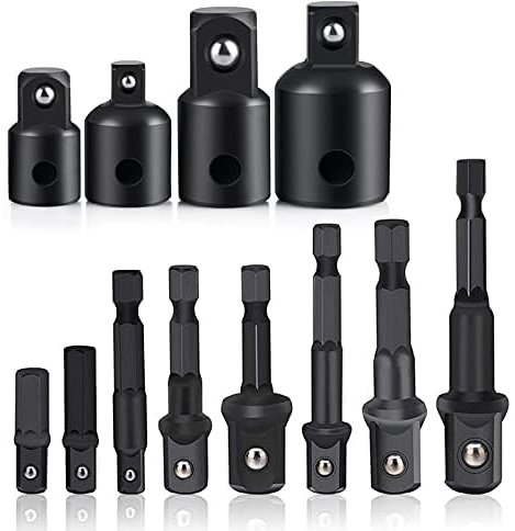 12 Pieces Set Impact Drill Socket Adapter, 1/4 3/8 1/2 Hex Shank Adapter Reducer with Extension Set Impact Driver Conversions, Active Rust Protection by Black-Phosphate Coating Treatment