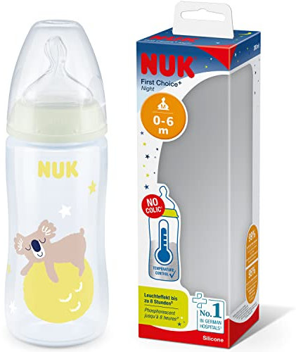 NUK First Choice+ Baby Bottles, 0-6 Months, 300 ml, Anti-Colic Valve, BPA Free (bisphenol A.), Silicone Teat with Temperature Control and Luminous Effect, Beige